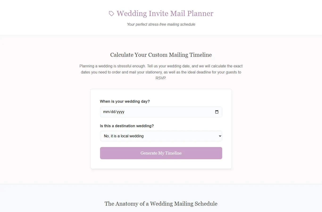 Screenshot of Wedding Invite Mail Planner interface showing the project page in use